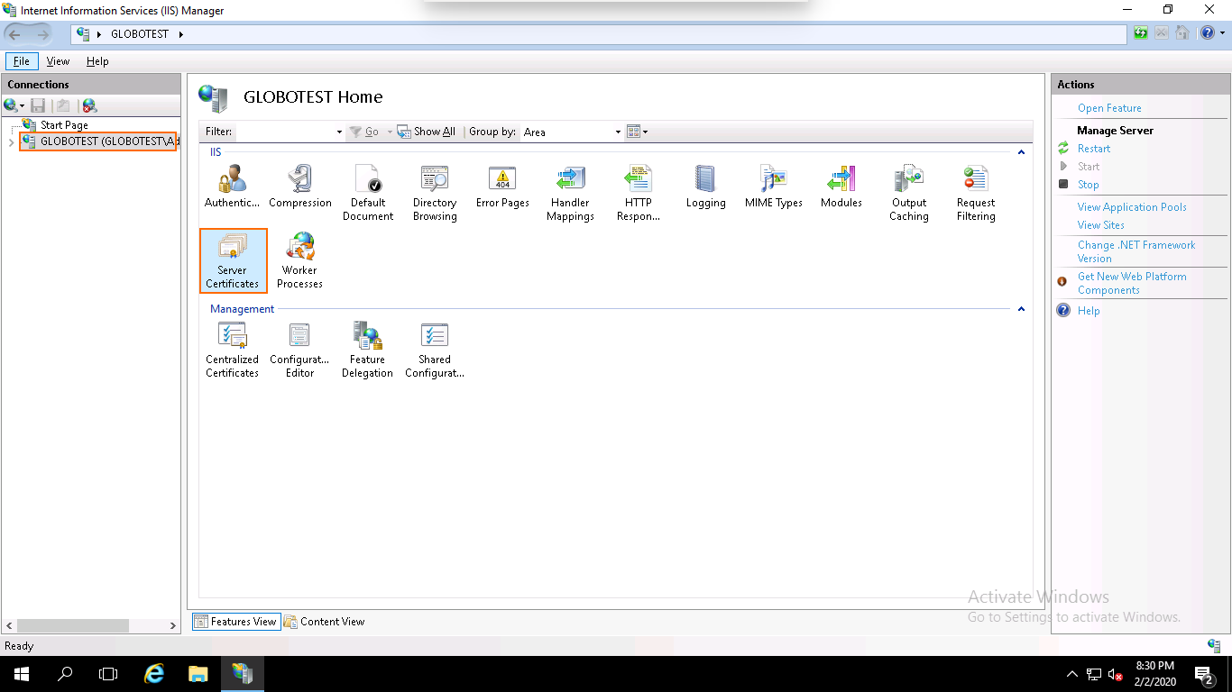 Step 2: Into IIS, click on the server name and then on Server Certificate.