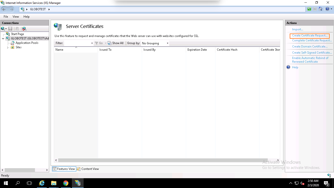 Step 3: Click on Create Certificate Request.