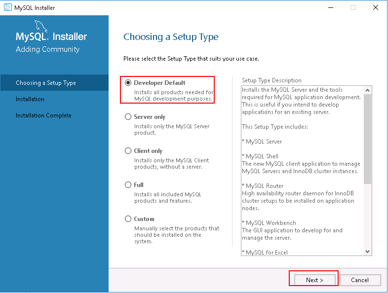 MySQL Installer -Choosing a Setup Type.