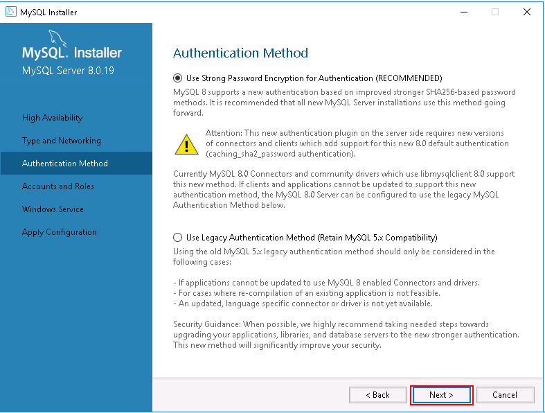 MySQL Installer - Authentication Method.