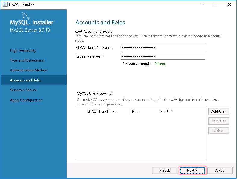 MySQL Installer - Accounts and Roles.