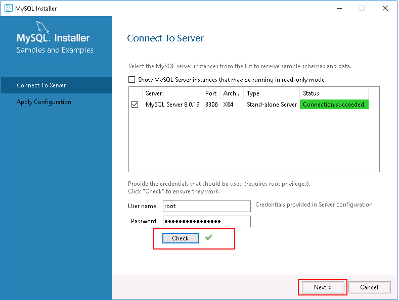 MySQL Installer - Connect To Server.