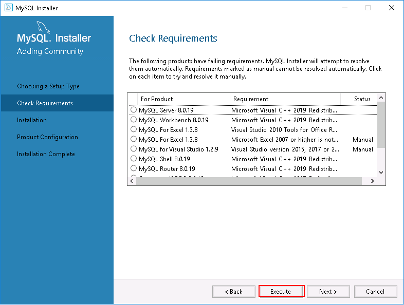 MySQL Installer -Check Requirements.