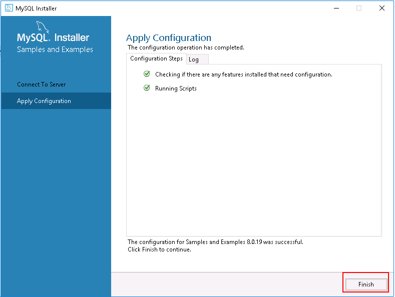 MySQL Installer - Apply Configuration confirmation.