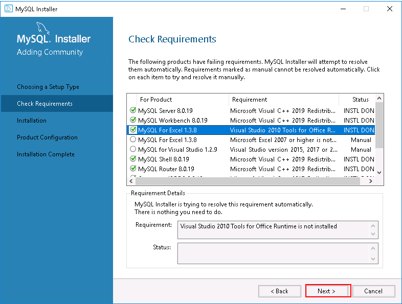 MySQL Installer -Check Requirements - Selection.