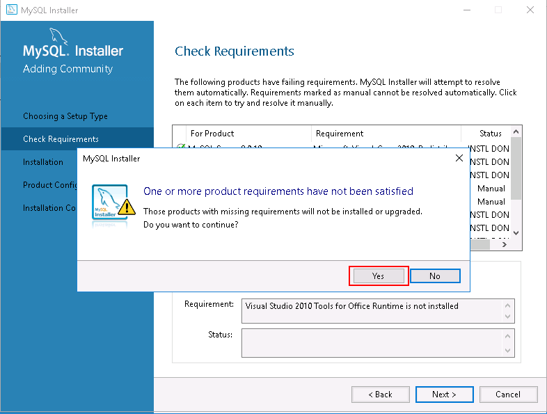 MySQL Installer -Check Requirements - Pop-up.