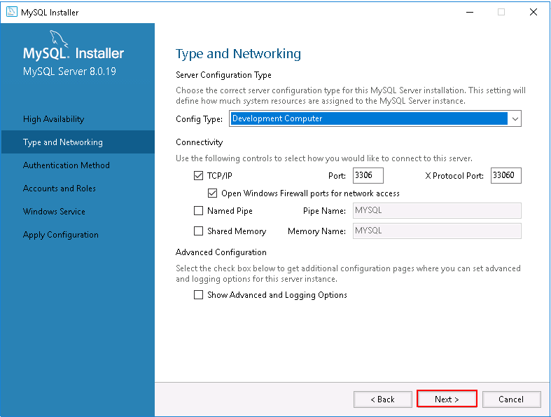 MySQL Installer - Type and Networking.