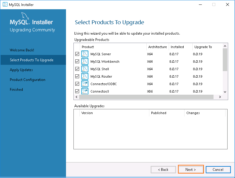 MySQL Installer - Select products to Upgrade.