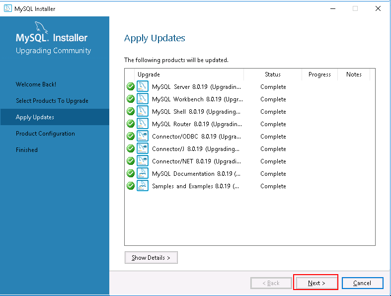 MySQL Installer - Apply updates confirmation.