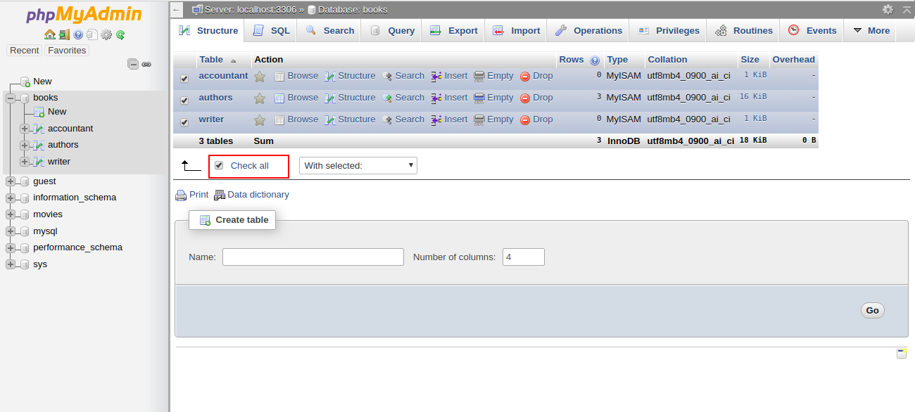 Select a tables into PHPMyAdmin.