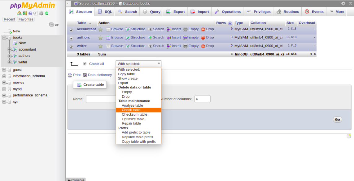 Run a Check Tables on selected tables into PHPMyAdmin.