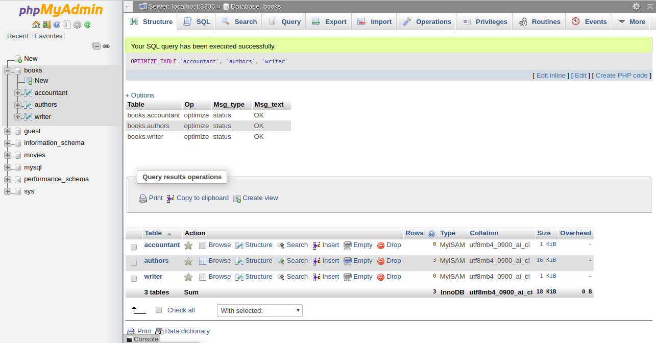 Optimize tables command confirmation.