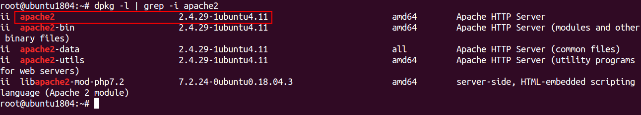 Result from "dpkg -l | grep -i apache2" command.