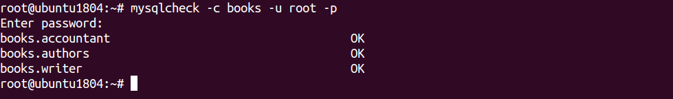 Data integrity check for one database and all its tables.