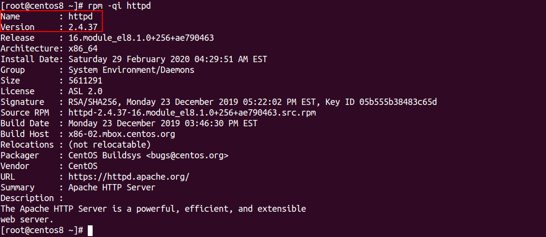 Result from "rpm -qi httpd" command, to check apache version.