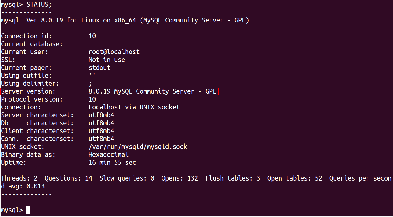 Into the MySQL Shell, type "STATUS;" to check the MySQL version.