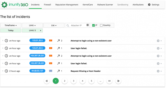 Imunify360 Incidents Home.