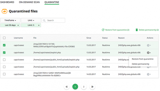 Imunify360 malware quarantined files home.