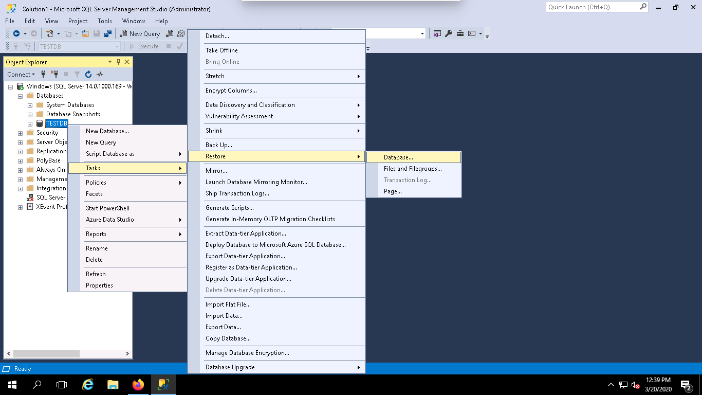 SSMS - Select a DB and right click to Tasks, Restore and Database.