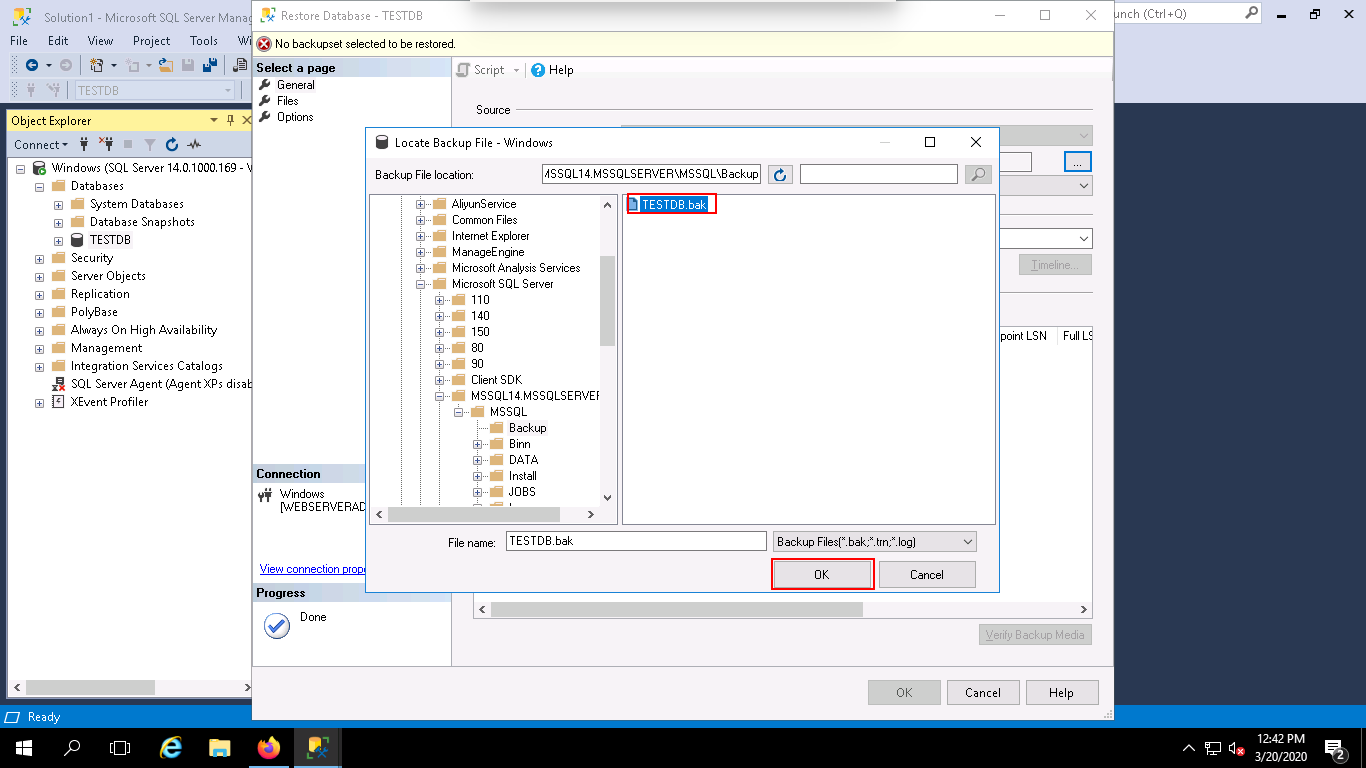 SSMS - Browse your files and then choose your database dump file that you want to restore and then click "OK".