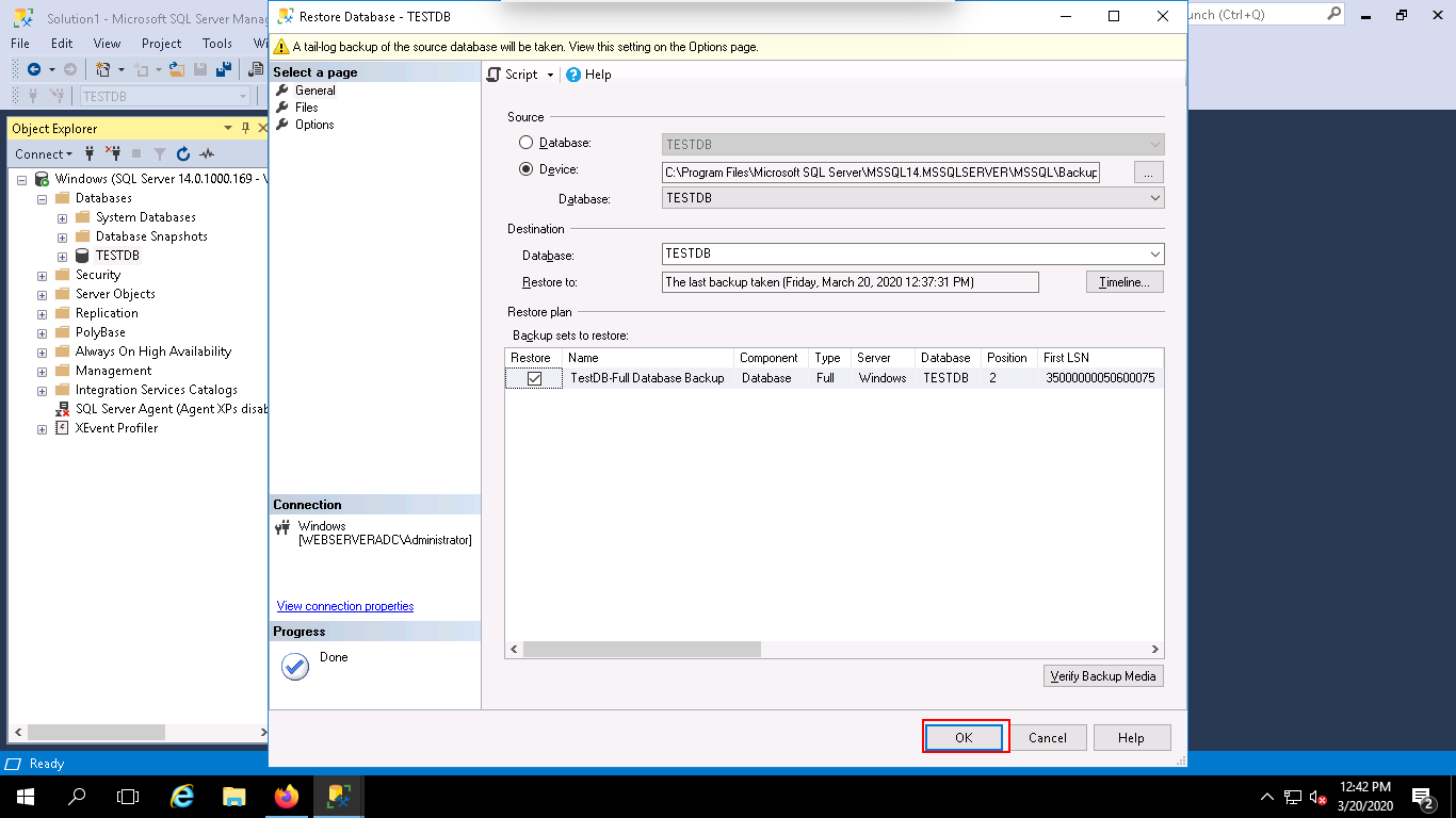 SSMS - On the next window, check the databses you want to restore and then click "OK".