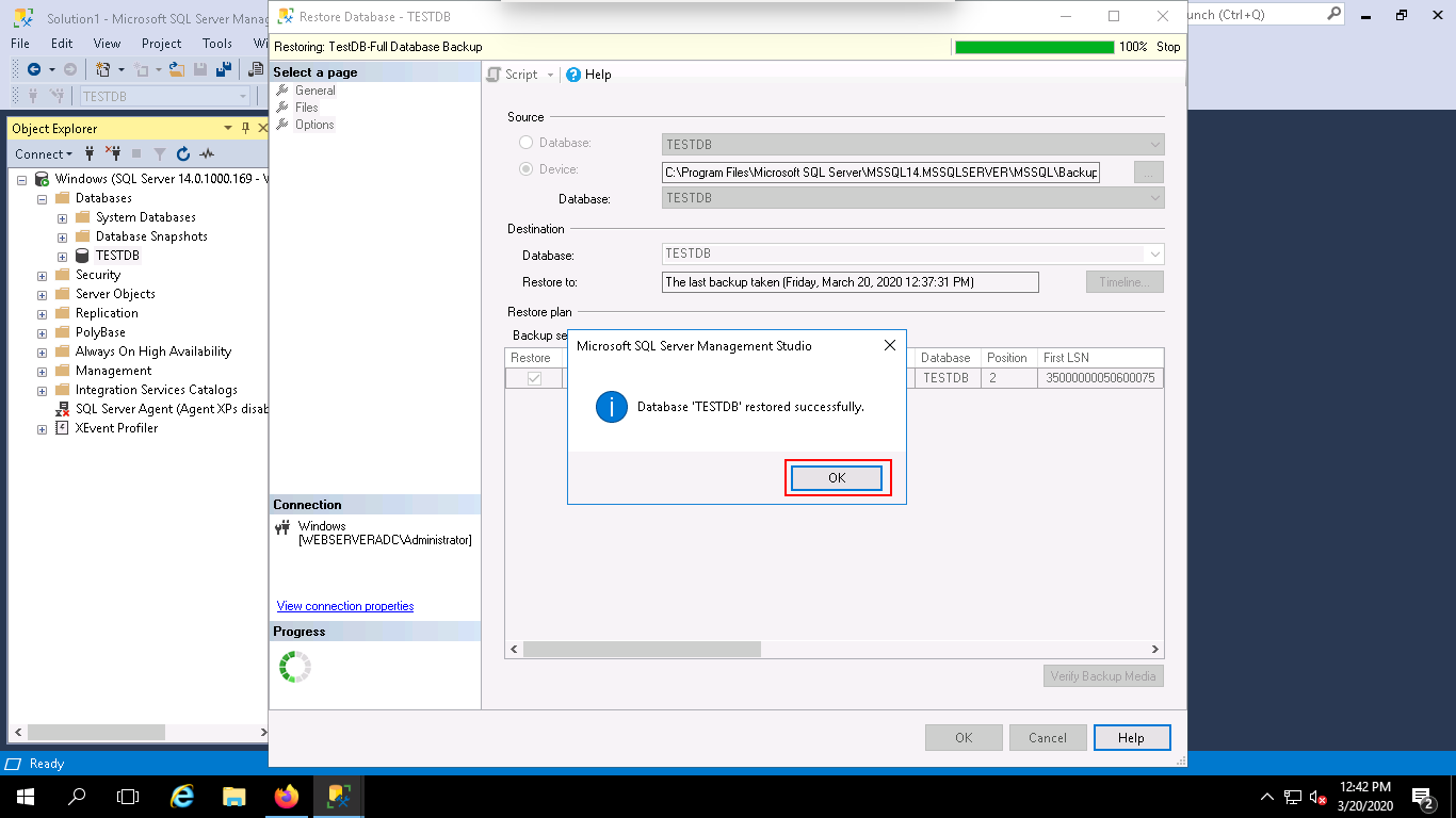 SSMS - Once the databases are successfully restore you'll get the confirmation message "Database TESTDB restored successfully".