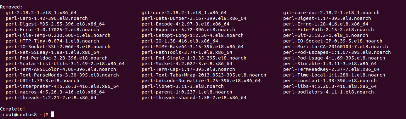  Result from "dnf remove git" command.