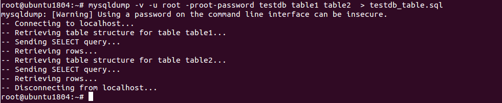 Output of mysqldump command to backup multiple tables.