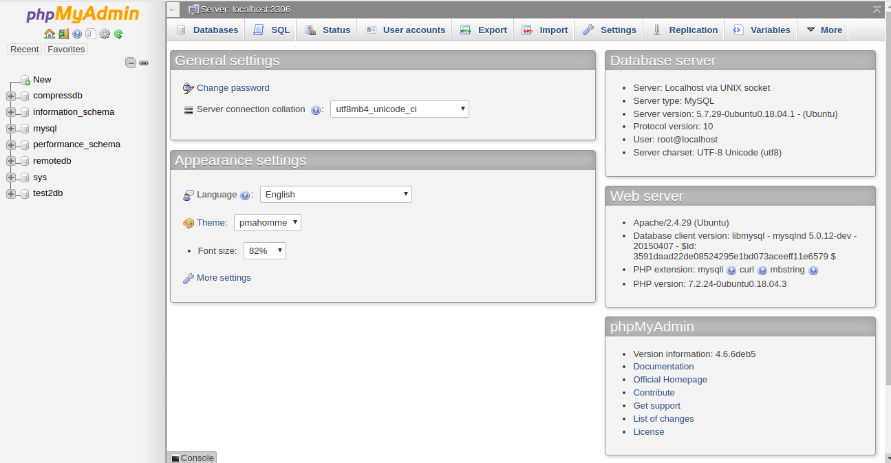 phpMyAdmin home screen.