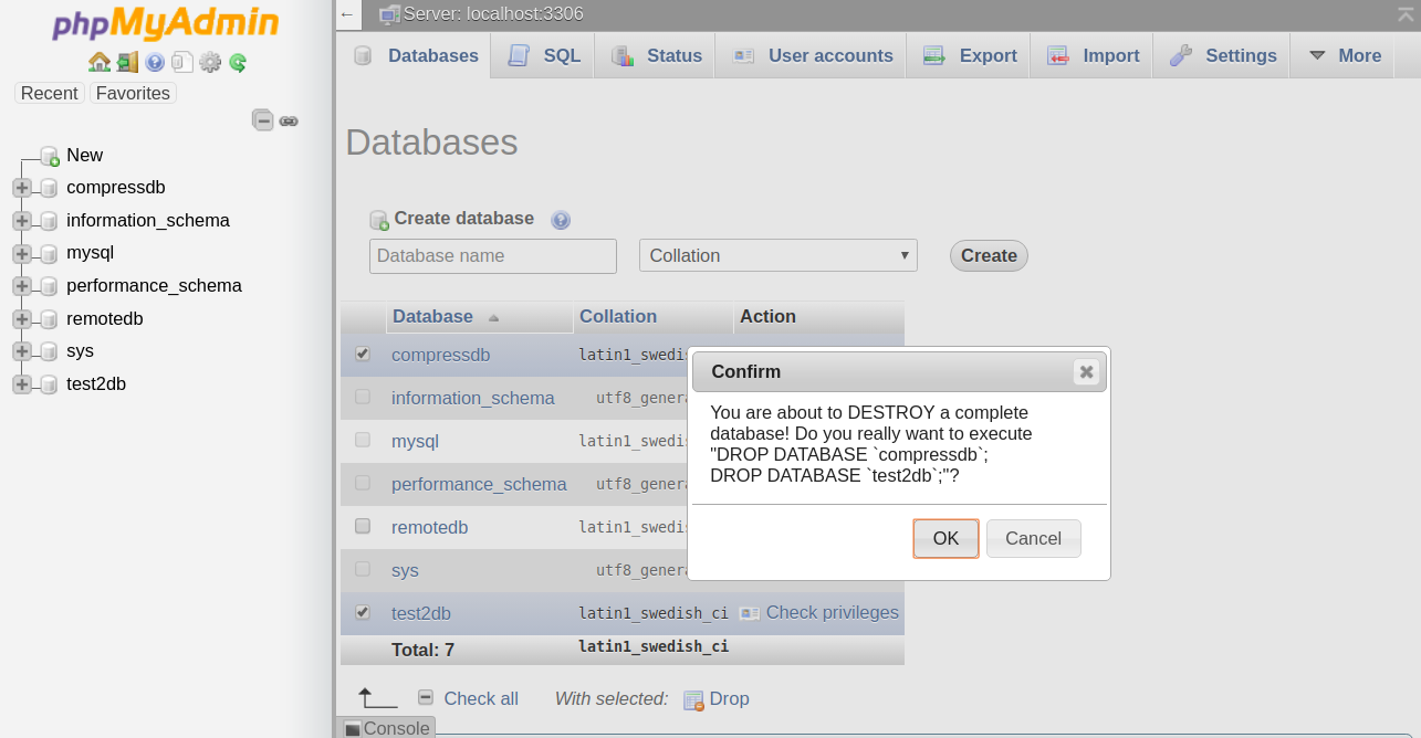 Confirm to delete MySQL database using phpMyAdmin.