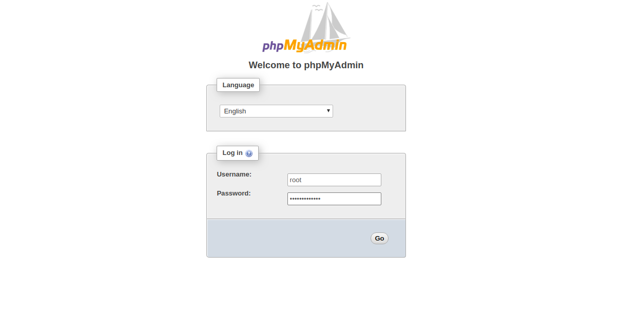 phpMyAdmin login screen.