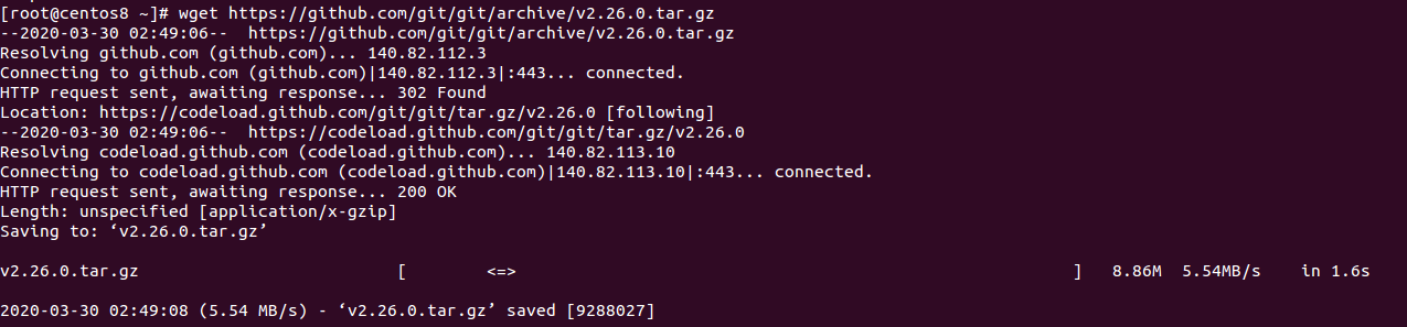 Result from download of git package using wget command.