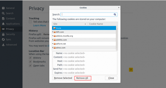 Click on "remove individual cookies" and then on "Remove All" to delete all cookies.