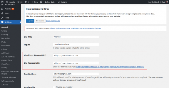 Into your WordPress admin dashboard, click on the settings tab. Review your WordPress Address (URL) and Site Address (URL)